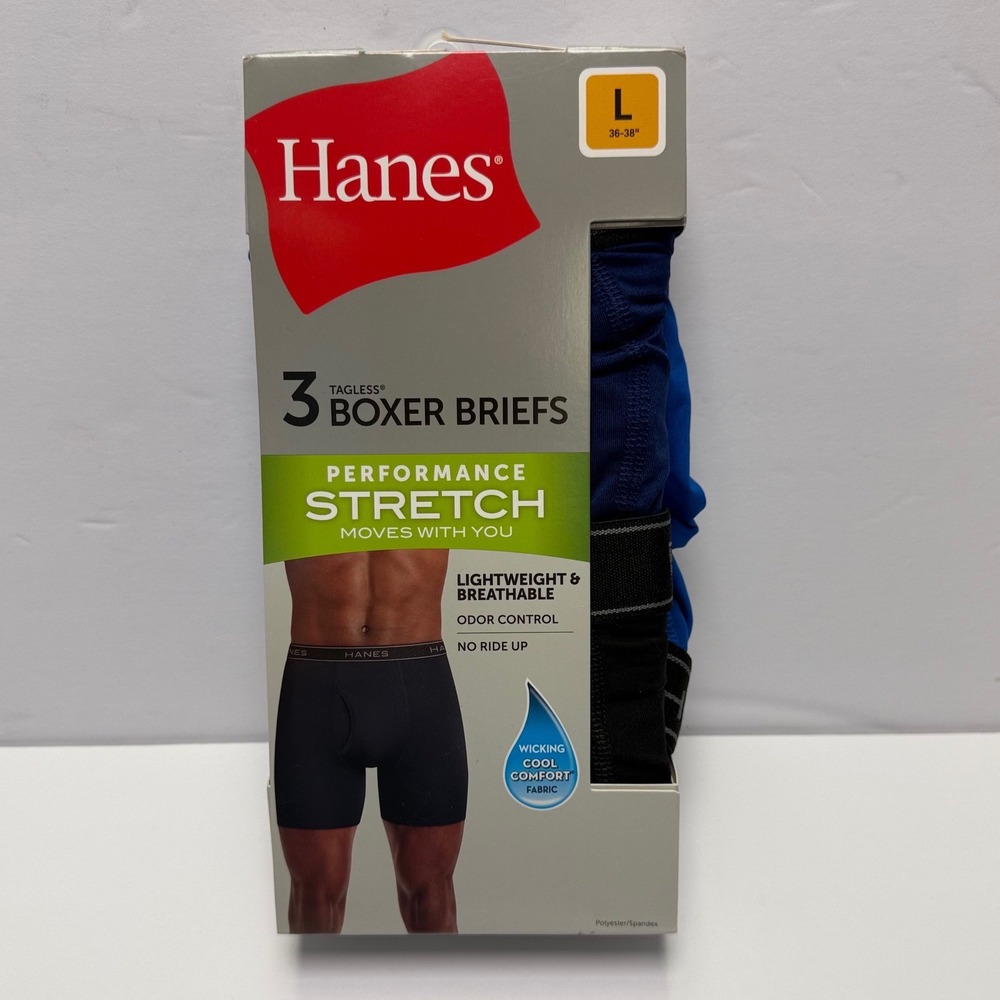 Hanes Boxer Briefs Mens Large Blue Black Performance Stretch 3-Pack SYTBA3